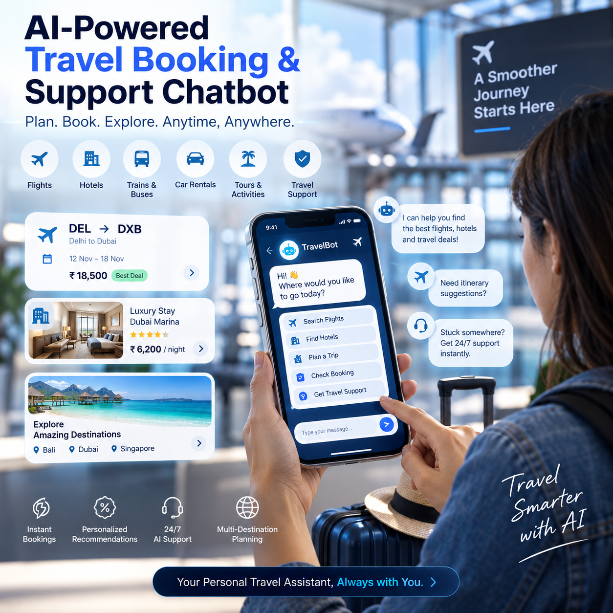 AI powered travel booking and support chatbot app
