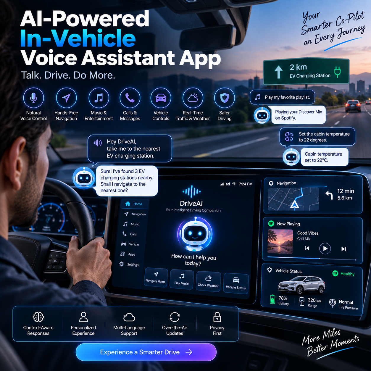 AI powered in-vehicle voice assistant app