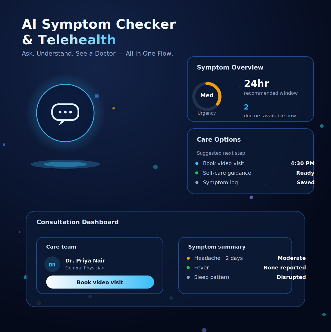 AI symptom checker and telehealth booking app screen