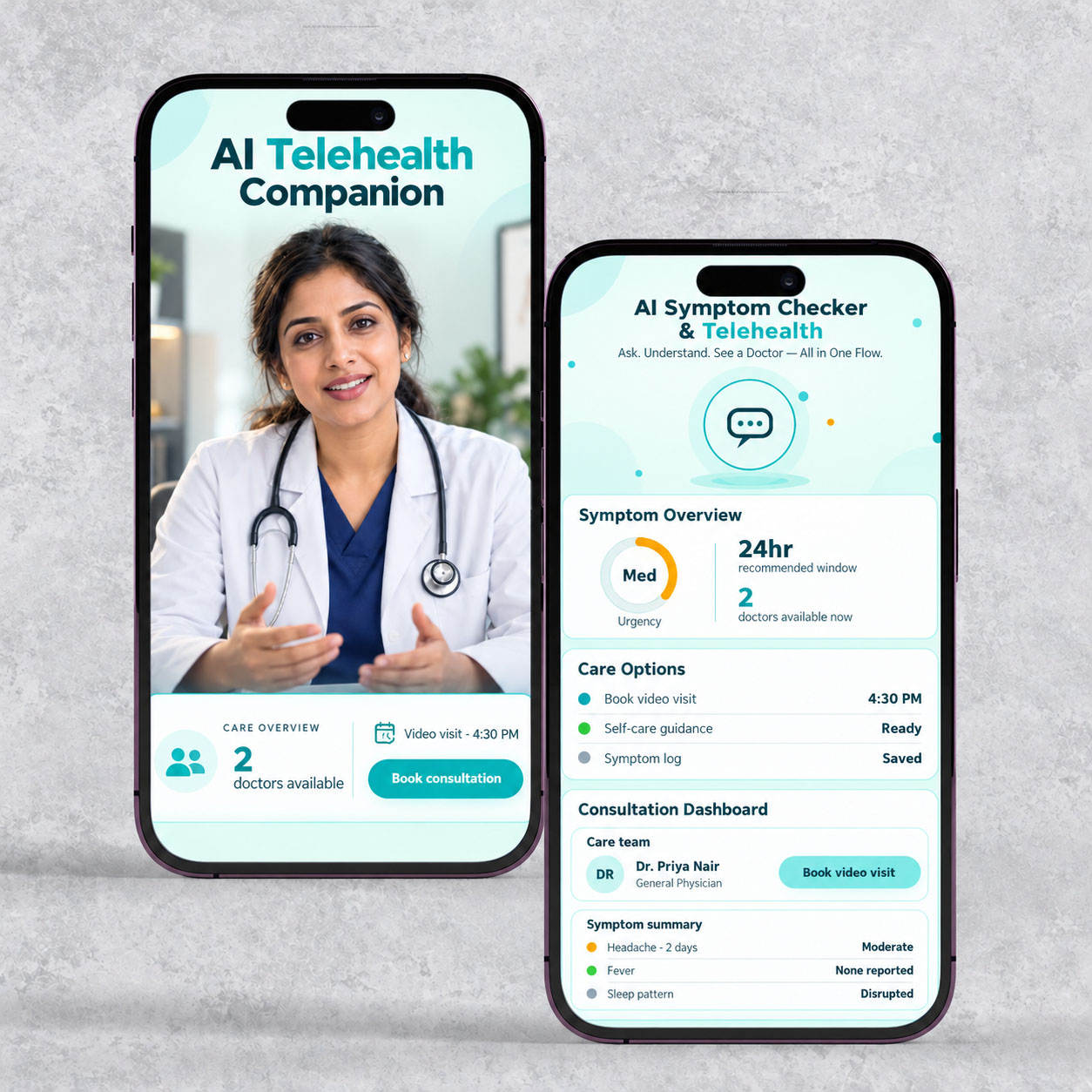 AI symptom checker and telehealth booking app screen